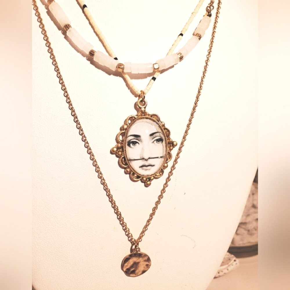 ANTIQUE ART LAYERED Necklace Dainty GOLD FORNASETTI EVIL EYE PROTECTION CHARMS